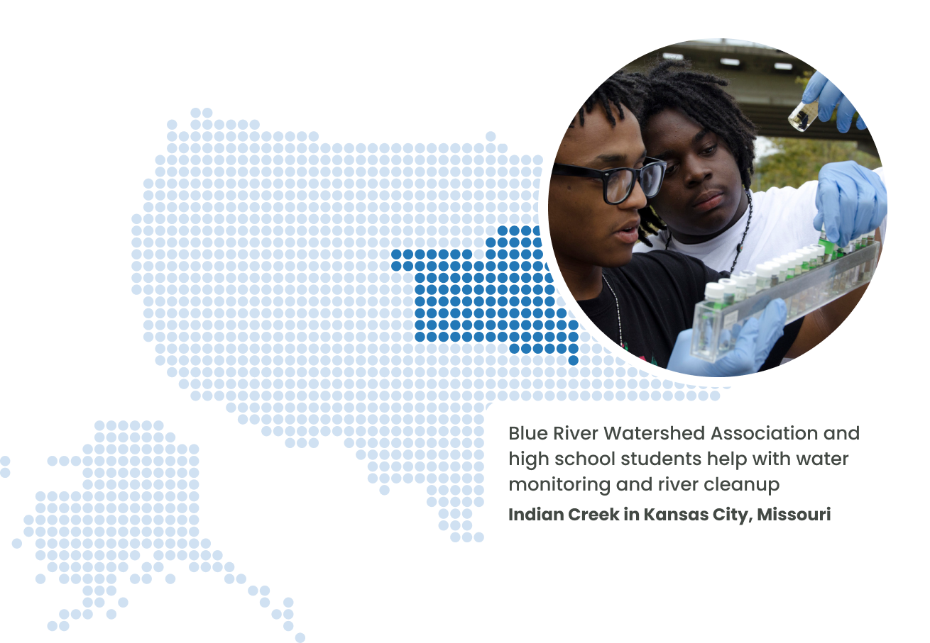 A map of the United States created from small blue dots. States in the midwest are shaded a darker blue. Over the map, there is a photo of two male students examining water samples with the caption "Blue River Watershed Association and high school students help with water monitoring and river clean up."