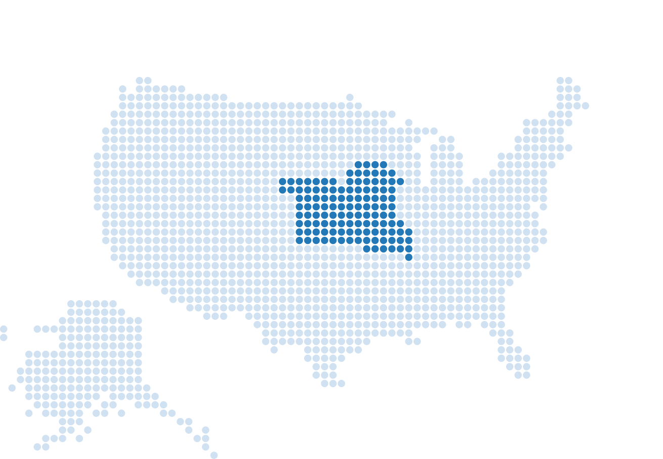 Map of the United States created by small blue dots. States in the midwest part of the United States are shaded in a darker blue to represent region 7.