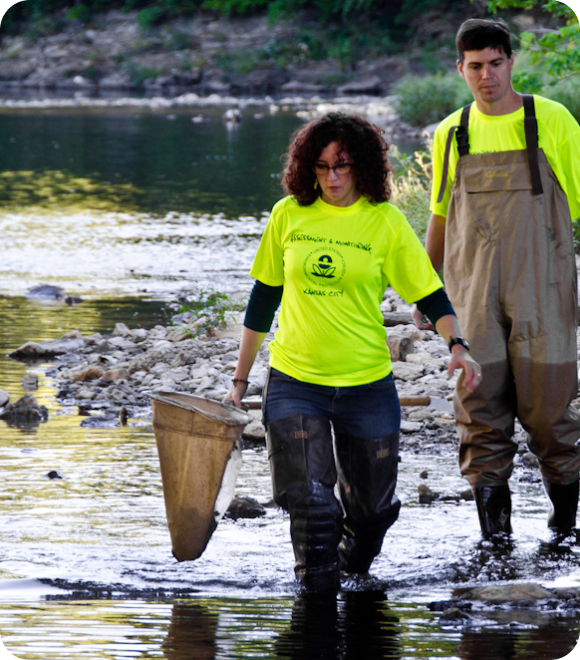 People working in stream with net